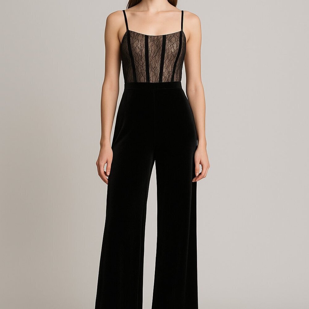 Mac Duggal 11748 Black Lace Corset Velvet Jumpsuit NWT Size 2